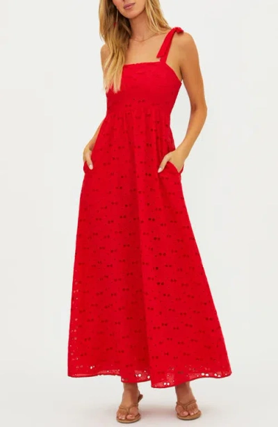 Beach Riot Charlotte Eyelet Tie Shoulder Midi Dress In Red