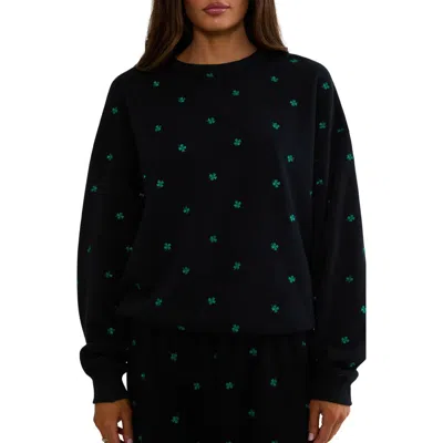 Beach Riot Devyn Embroidered Clovers Oversized Sweatshirt In Black