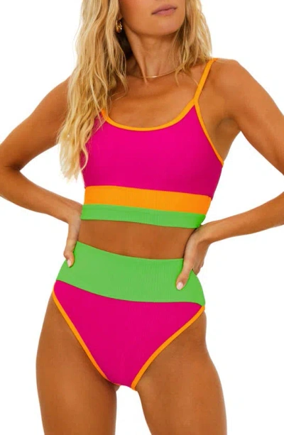 Beach Riot Emmy Colorblock High Waist Bikini Bottoms In Neon Sunset Colorblock