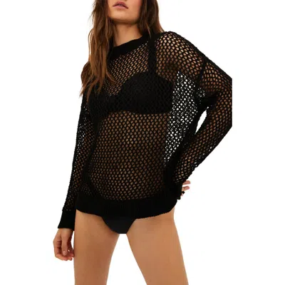 Beach Riot Hilary Long Sleeve Open Knit Cover-up Sweater Tunic In Black