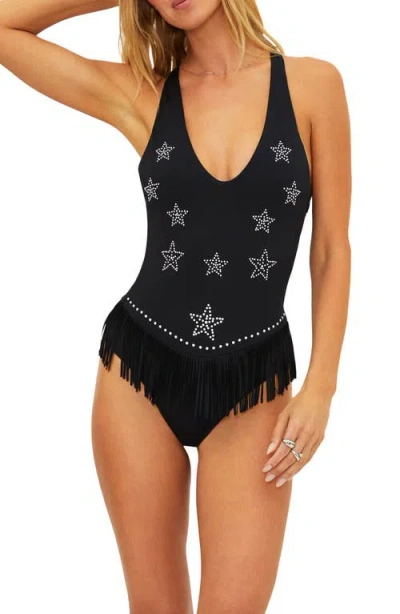 Beach Riot Juliana Embellished Fringe One-piece Swimsuit In Black