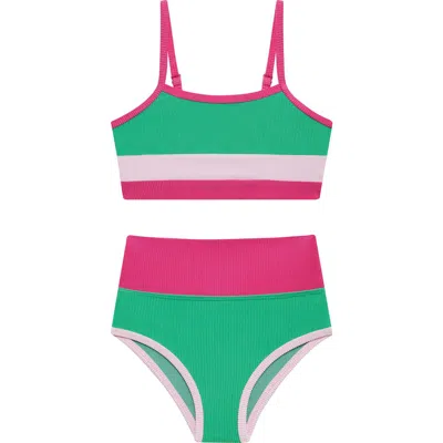 Beach Riot Kids' Colorblock Rib Two-piece Swimsuit In Green