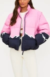Beach Riot Kris Convertible Snowy Peaks Puffer Jacket In Pink