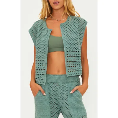 Beach Riot Misha Sleeveless Crochet Button-up Top In Green