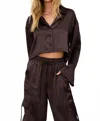 Beach Riot Vella Satin Crop Button-up Shirt In Brown