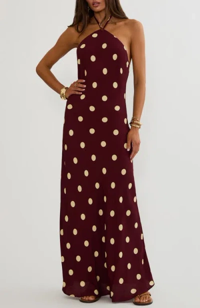 Beach Riot Xandra Polka Dot Halter Neck Maxi Dress In Burgundy