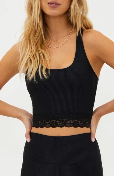 Beach Riot Yara Lace Trim Rib Racerback Crop Tank In Black Lace