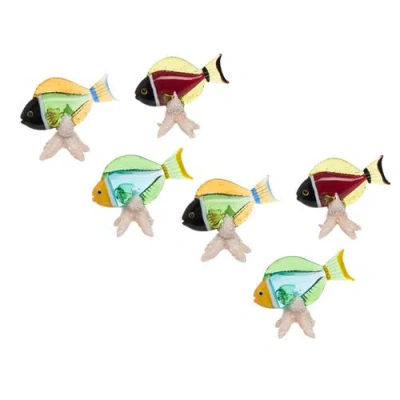 Beachcombers Mini Fish On Star Stands Set Of 6 Glass Figurines 2" In Green