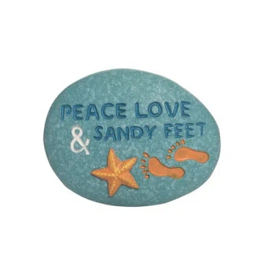 Beachcombers "peace Love & Sandy Feet" Decorative Resin Pebble 1.75" In Blue