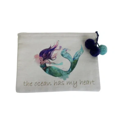 Beachcombers "the Ocean Has My Heart" Swimming Mermaid Cotton Zip Bag 8" In Green