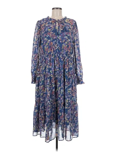 Pre-owned Beachlunchlounge 3/4 Sleeve Top Blue Floral Pattern Ruffles Neckline Tops