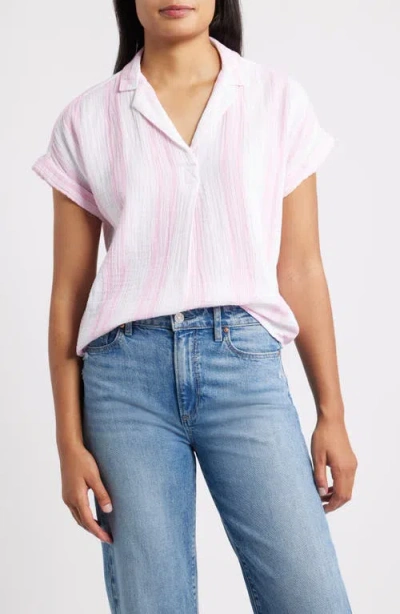 Beachlunchlounge Arin Stripe Short Sleeve Cotton Shirt In Pink