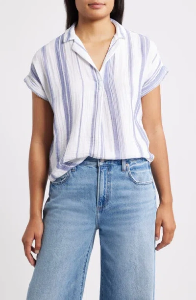 Beachlunchlounge Arin Stripe Short Sleeve Cotton Shirt In White