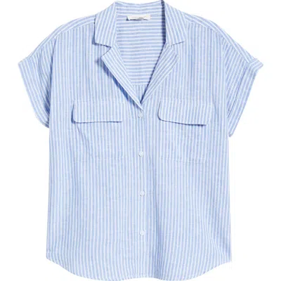 Beachlunchlounge Brooke Short Sleeve Button-up Linen Blend Shirt In Blue