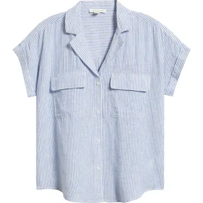 Beachlunchlounge Brooke Short Sleeve Button-up Linen Blend Shirt In Blue