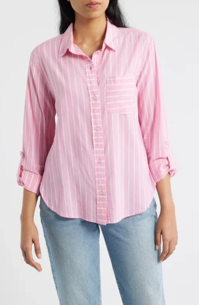 Beachlunchlounge Campbell Directional Stripe Long Sleeve Cotton Blend Button-up Shirt In Pink