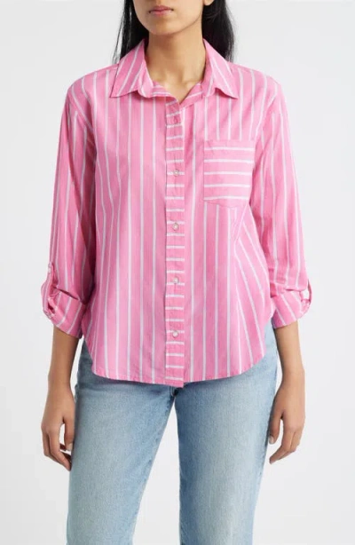 Beachlunchlounge Campbell Directional Stripe Long Sleeve Cotton Blend Button-up Shirt In Pink