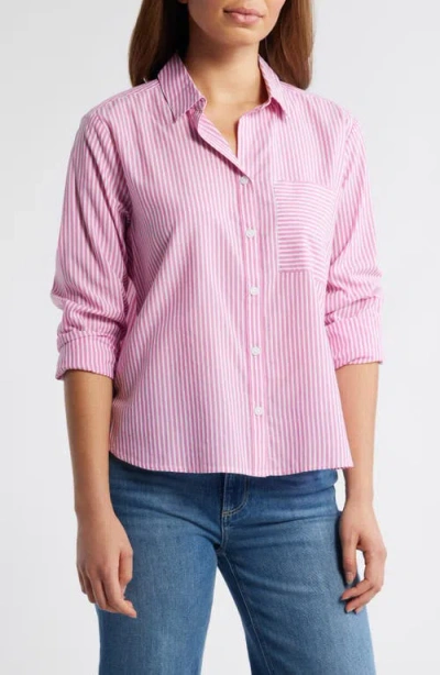 Beachlunchlounge Candy Stripe Cotton Blend Button-up Shirt In Hollywood Cerise