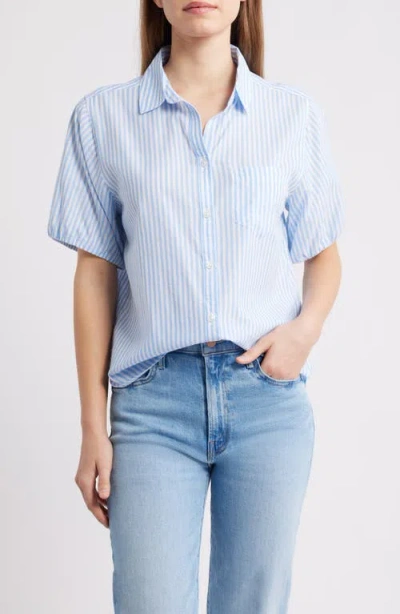 Beachlunchlounge Corey Stripe Short Sleeve Cotton Blend Button-up Shirt In Blue
