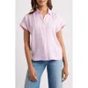 Beachlunchlounge Daria Stripe Short Sleeve Button-up Shirt In Ocean Pink
