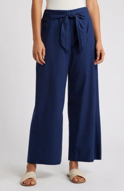 Beachlunchlounge Florencia Tie Waist Wide Leg Cotton & Linen Pants In Blue