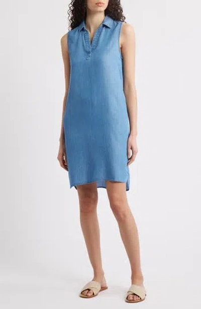 Beachlunchlounge Jinni Split Neck Sleeveless Denim Shift Dress In Blue