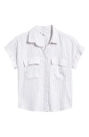 Beachlunchlounge Kaiana Stripe Short Sleeve Button-up Shirt In Dry Almond