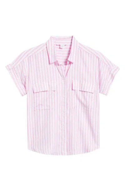 Beachlunchlounge Kaiana Stripe Short Sleeve Button-up Shirt In Ocean Pink