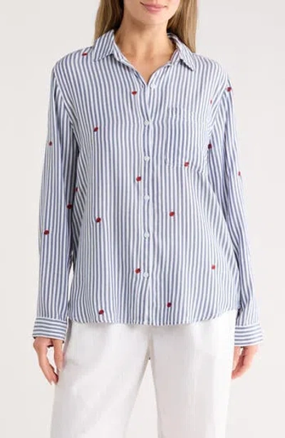 Beachlunchlounge Kaylee Heart Stripe Long Sleeve Button-up Shirt In Blue