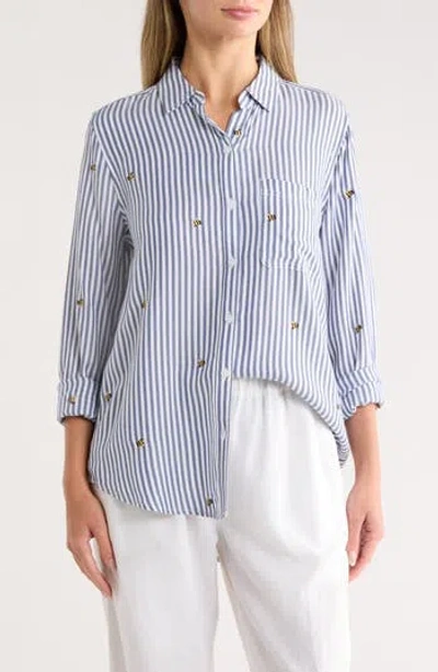 Beachlunchlounge Kaylee Heart Stripe Long Sleeve Button-up Shirt In Blue