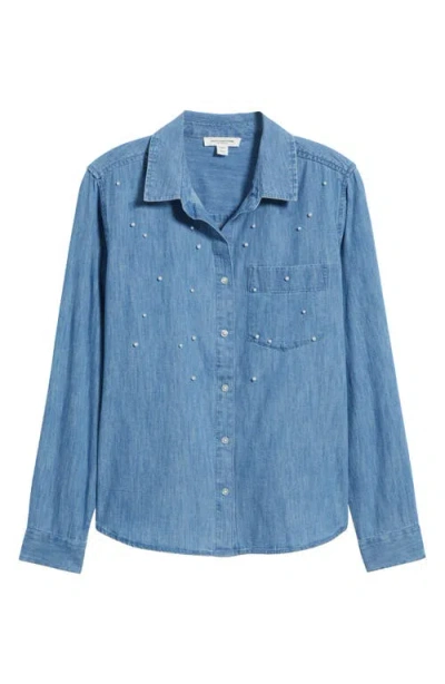 Beachlunchlounge Kenna Pearly Bead Chambray Shirt In Blue