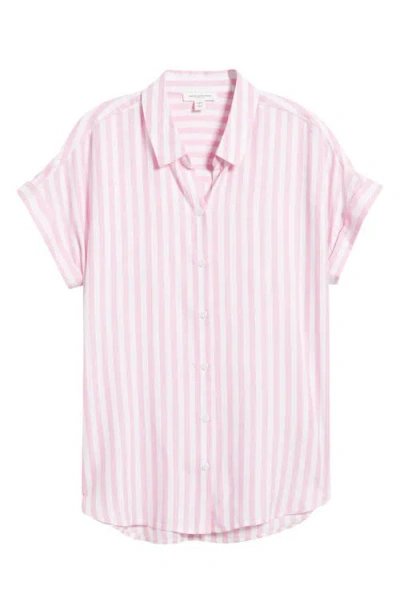 Beachlunchlounge Kenzie Stripe Short Sleeve Button-up Shirt In Pink Flamingo
