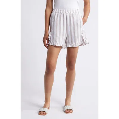 Beachlunchlounge Leia Stripe Ruffle Hem Linen & Cotton Shorts In Khaki