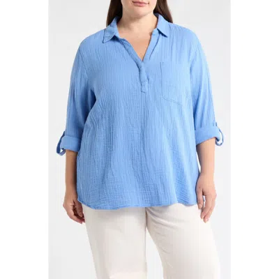 Beachlunchlounge Lenora Cotton Gauze Popover Top In Blue