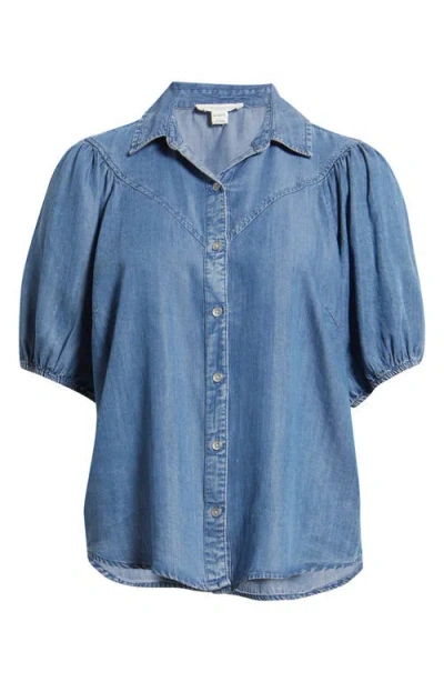 Beachlunchlounge Lida Short Sleeve Denim Button-up Shirt In Blue