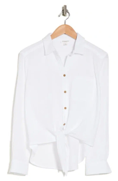Beachlunchlounge Long Sleeve Tie Hem Cotton Gauze Button-up Shirt In White