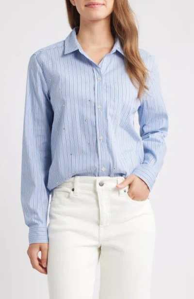Beachlunchlounge Lynden Embellished Stripe Cotton Blend Button-up Shirt In Blue