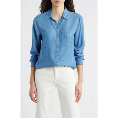 Beachlunchlounge Maylee Embroidered Chambray Button-up Shirt In Blue