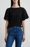 Beachlunchlounge Percy Eyelet Sleeve Mixed Media Top In Black