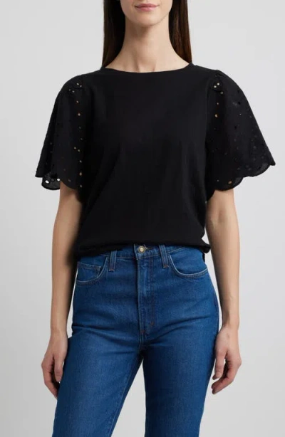 Beachlunchlounge Percy Eyelet Sleeve Mixed Media Top In Black