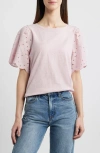 Beachlunchlounge Percy Eyelet Sleeve Mixed Media Top In Dreamy Pink