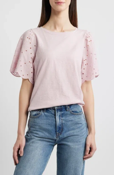 Beachlunchlounge Percy Eyelet Sleeve Mixed Media Top In Dreamy Pink
