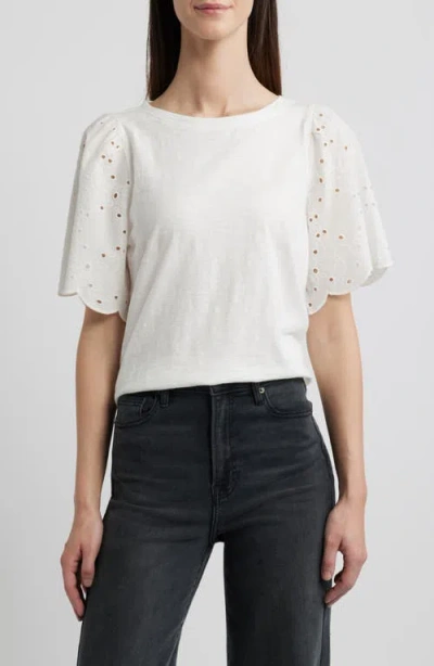 Beachlunchlounge Percy Eyelet Sleeve Mixed Media Top In Ivory