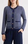 Beachlunchlounge Piera Stripe Cardigan In White Linen/navy