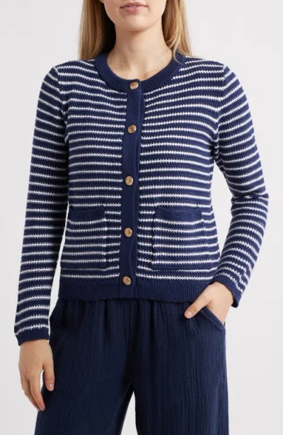 Beachlunchlounge Piera Stripe Cardigan In White Linen/navy