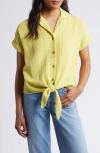 Beachlunchlounge Rain Tie Front Short Sleeve Cotton Gauze Button-up Shirt In Fresh Verbena