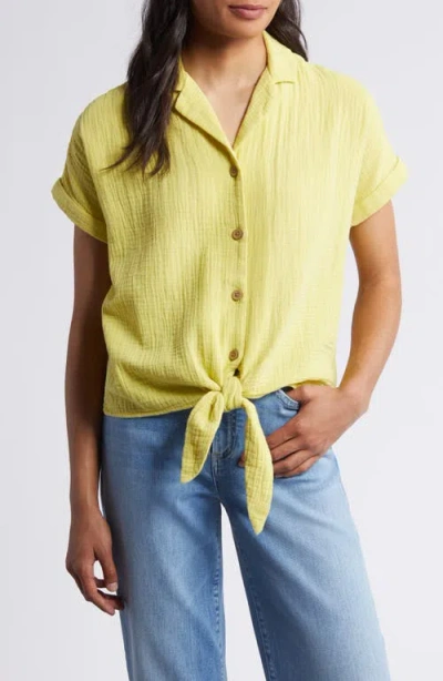 Beachlunchlounge Rain Tie Front Short Sleeve Cotton Gauze Button-up Shirt In Fresh Verbena