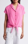 Beachlunchlounge Rain Tie Front Short Sleeve Cotton Gauze Button-up Shirt In Rose Bloom