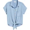 Beachlunchlounge Rosalia Tie Front Cotton Top In Blue Acid Wash