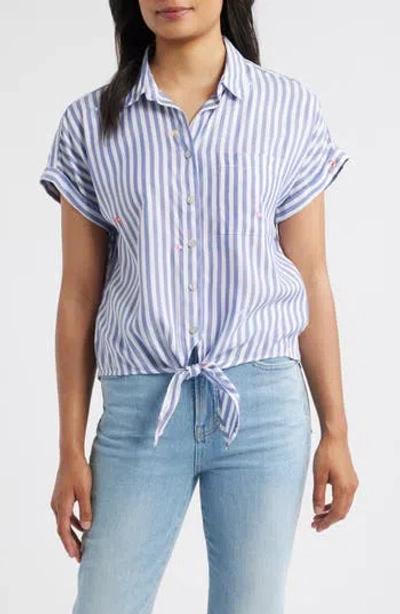 Beachlunchlounge Rosie Embroidered Tie Front Short Sleeve Button-up Shirt